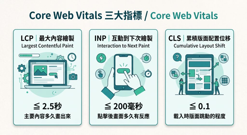 網站速度慢的 5 個原因與解法:Core Web Vitals、圖片、快取、伺服器(2026) 3 core web vitals 3 metrics