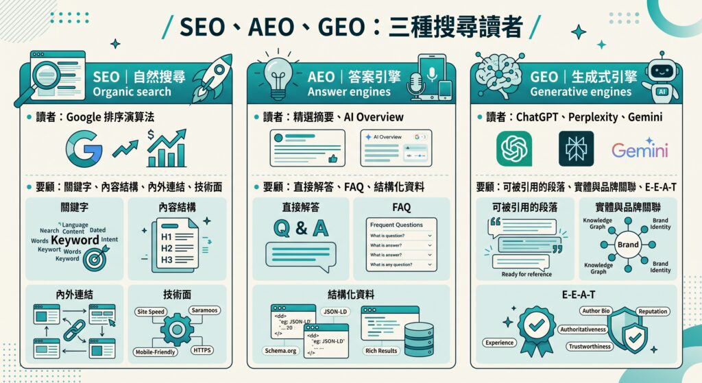 SEO 是什麼?2026 完整入門:怎麼做、多久有效、AI 搜尋時代要顧什麼 2 SEO、AEO、GEO 三種搜尋讀者對照:SEO 自然搜尋看排序演算法、AEO 答案引擎看精選摘要與 AI Overview、GEO 生成式引擎看 ChatGPT、Perplexity、Gemini