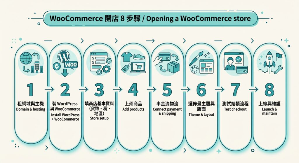 WooCommerce是什麼?9大優缺點、費用一次看懂(2026更新) 7 WooCommerce 開店 8 步驟流程圖:租網域與主機、安裝 WordPress 與 WooCommerce、填商店資料、上架商品、串接金流物流、選佈景主題、測試結帳、上線與維護