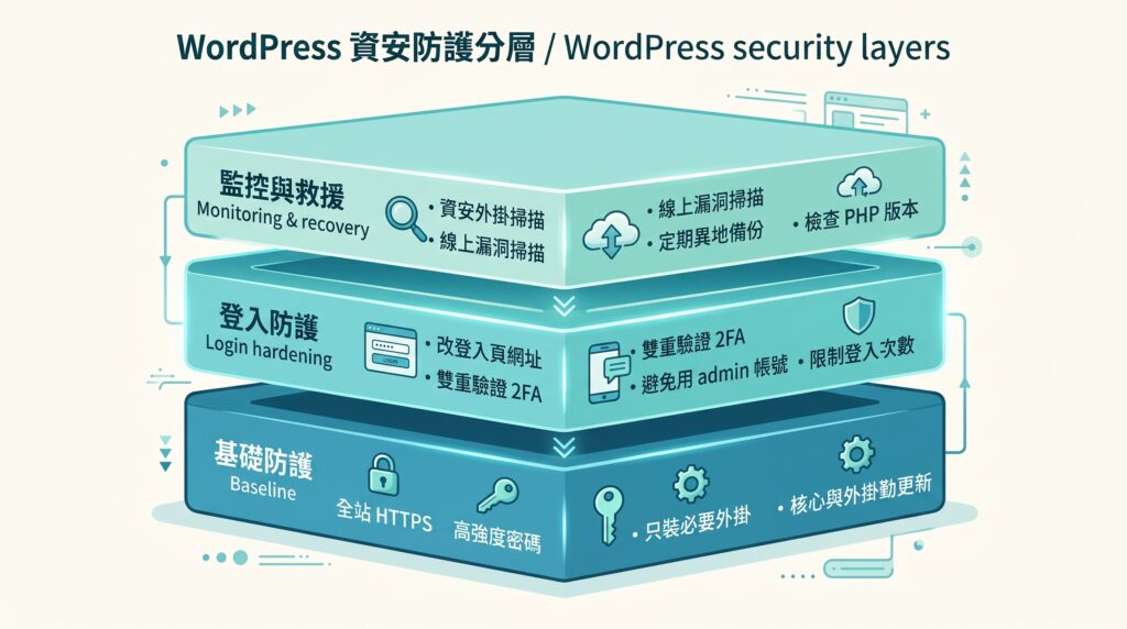 WordPress 資安防護完整指南:12 種方法、中毒怎麼辦、要不要裝資安外掛(2026) 2 WordPress 資安防護分層