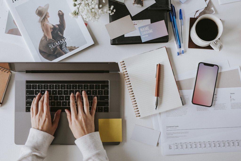 female blogger working her laptop home