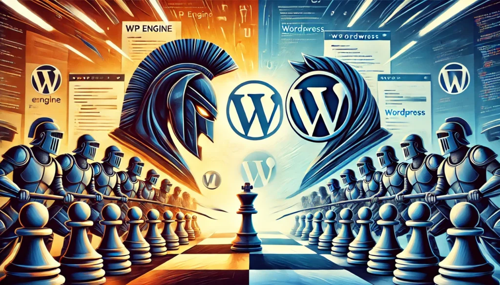 DALL·E 2024 10 14 10.45.26 A dramatic horizontal illustration depicting the metaphorical battle between WP Engine and WordPress symbolizing competition in the web hosting and