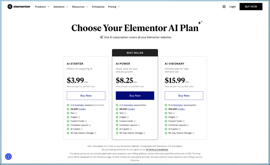 Elementor AI pricing
