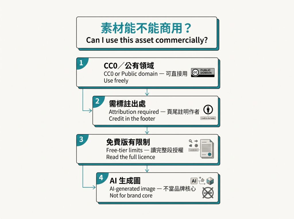 網頁設計免費素材與工具總整理:從找圖到上站前處理 2 判斷免費素材能否商用的流程圖:CC0/公有領域可直接用、需標註出處要在頁尾註明作者、免費版有限制要讀完整段授權、AI 生成圖不當品牌核心